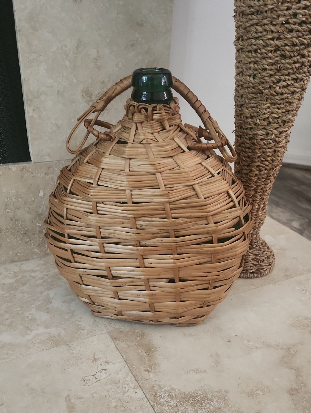 Woven Rattan Demijohn Bottle with Green Glass Neck